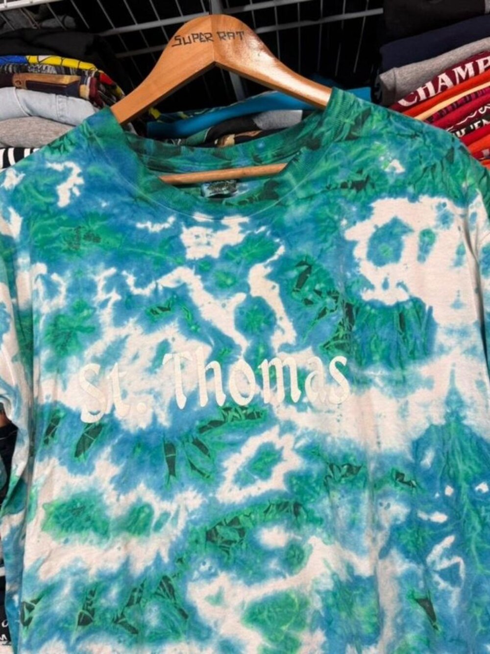 90s vintage st Thomas tie dye t shirt single stitch blue green white.